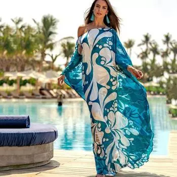 2025 new spring and summer women s dress bohemian dress print loose off-the-shoulder dress S
