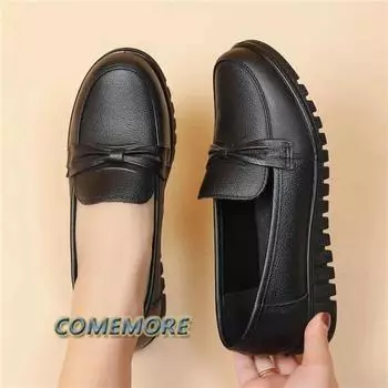 2025 New Spring Autumn Women s Shoes Low Top Round Head Loafers Waterproof Soft Leather PU Solid Color Casual Shoes Large Size 35 чёрный