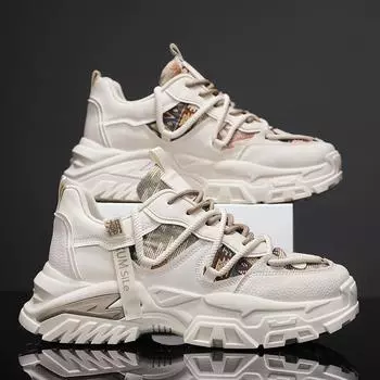 2025 new spring breathable net shoes trendy brand versatile casual sports shoes student non-slip height increase trendy men s dad shoes 39 бежевый