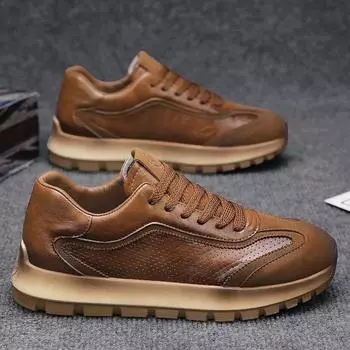2025 new spring casual men s shoes sports shoes men s leather surface punching breathable Forrest Gump tide shoes thick soles increase 39