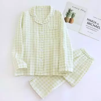 2025 New Spring Couple s Pajama Set 100% Cotton Long Sleeve Long Pants Two Piece Set Checkered Women s Home Clothes M
