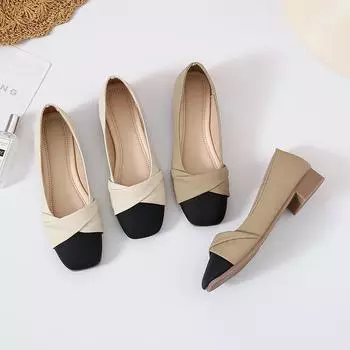 2025 new spring evening gentle French apricot single shoes women s shoes square head beanie commuter ladyshoes 35