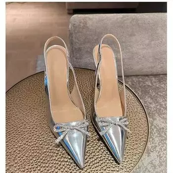 2025 new spring women s shoes fashion temperament European and American style metal buckle pointed high heels women s thin heels empty shoes 35 серебряный