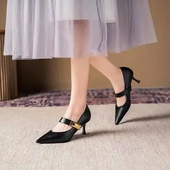 2025 new stiletto medium heel high heels single shoes women s French apricot black professional work one-word buckle with pointed tip 35