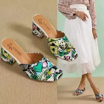 2025 new style fashion square head foot high heel fashion women s shoes casual women s Roman graffiti cool slippers 35 чёрный