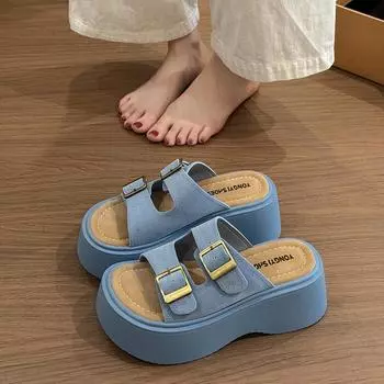 2025 New Summer Concise Open Toe Slip On Women Slippers Fashion Platform Flats Beach Dress Female Slides 35 жёлтый