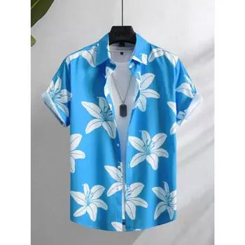 2025 New Summer Daily Fashion Short-sleeved Shirts 3D Flower-printed Men s Casual Shirts Outdoor Beach Hawaiian Style Shirts XS