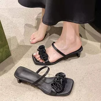 2025 new summer fairy style high-heeled small cool slippers wearing purple one-word sandals women s shoes 35