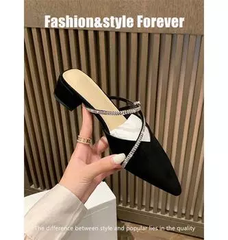 2025 new summer French elegant pointed rhinestone one pedal thick heel bag head half drag wear women s shoes Muller shoes 34