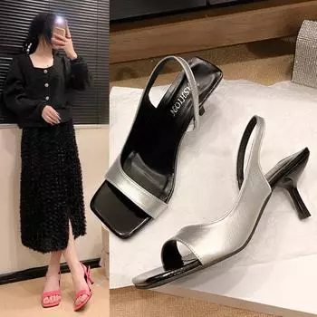 2025 new summer Internet celebrity rose red square head fairy style sexy versatile stiletto high heel fish mouth high heel sandals women 35 серебряный