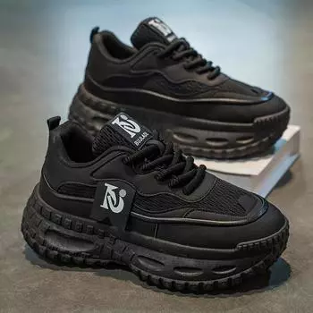 2025 New summer men s breathable mesh sneakers for men. Trendy all-matching platform height-increasing casual black senior shoes. 39