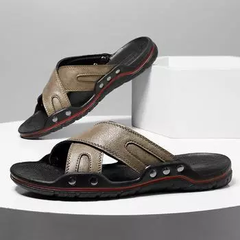 2025 new summer outer slippers men s personality soft bottom non-slip one-word slippers leather surface casual beach Shoes 38 серый