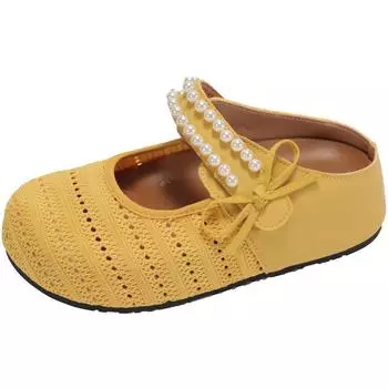 2025 new summer platform heightened woven toe half slippers women s outerwear versatile mesh bow pearl shoes 35