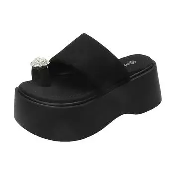 2025 new summer rhinestone cover toe cool slippers women wear fashionable thick-soled high-heeled lightweight one-word slippers 34