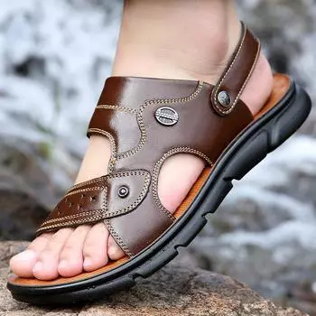 2025 new summer sandals men s leather non-slip casual beach shoes wear middle-aged thick-soled outer slippers 38