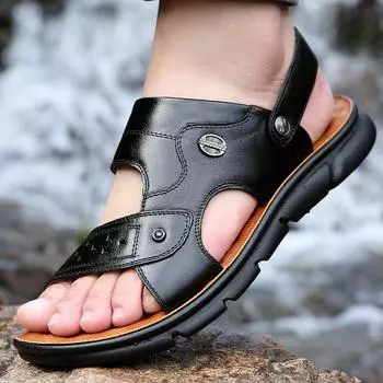 2025 New Summer Sandals Men s Leather Non-slip Casual Beach Shoes Wear Middle-aged Thick-soled Outer Slippers 38
