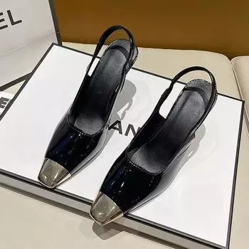 2025 new summer sexy metal high-heeled patent leather shoes square head thin heel iron head empty bag head sandals women s European and American style 35