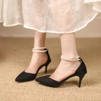2025 new summer sexy women s sandals thin heel pointed one-word buckle with suede hollow bag head pearl high heels 34