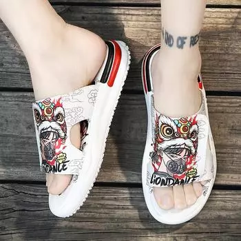 2025 new summer wear soft-soled sandals Guochao slippers printed popular beach flip-flops 38