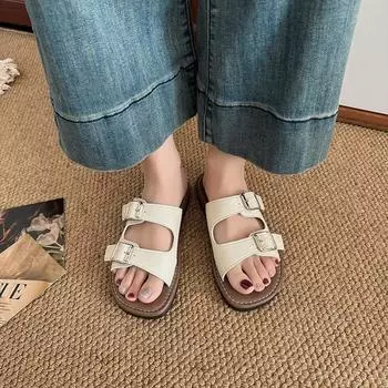 2025 new summer women s cool slippers flat bottom color matching beach shoes casual one-word slippers women s large size 35 чёрный