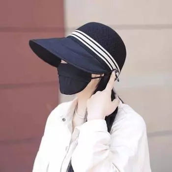 2025 New Sun Protection Sun Hat Female Summer Quick-Drying Hollow Breathable Big Brim Air Top High Ponytail Face Covering Fisherman Hat Light plate Black Free size (adjustable)