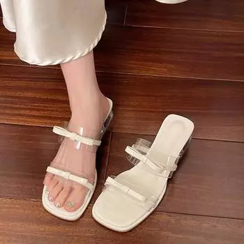 2025 new temperament transparent square head sandals women s French bow transparent crystal heel with skirt high heels 35 серебряный