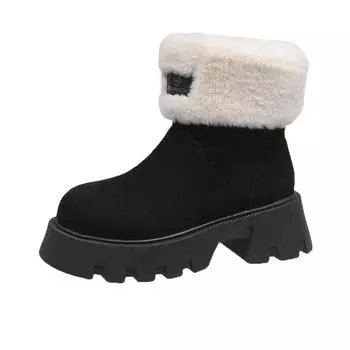 2025 new thick-soled heightening snow boots women s winter plush warm retro thick heel pile fur collar short boots 35