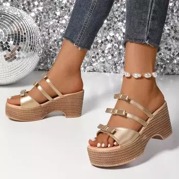 2025 new thick-soled wedge heel bohemian sandals women wear versatile height-increasing hollow bow high-heeled sandals 36