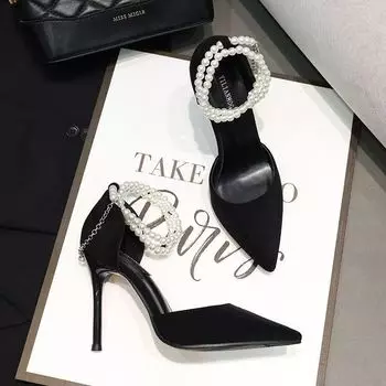 2025 new thin heel black suede temperament banquet single shoes women s pointed high heels with pearl chain 34
