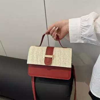 2025 new trend simple high-quality texture straw woven contrasting color woven shoulder messenger bag versatile small square bag красный