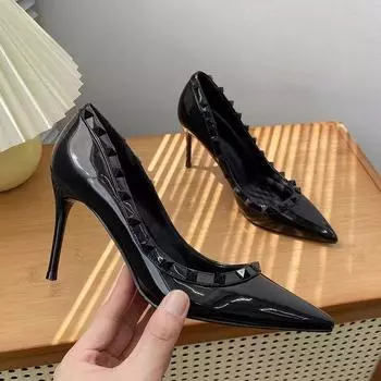2025 new versatile French fine heel patent leather single shoes temperament professional rivets black high heels women s pointed head shallow mouth 34