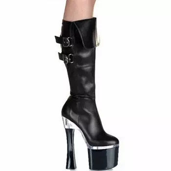 2025 new waterproof table round head thick heel black adhesive bottom zipper fashion boots fashionable tall female knight boots 34 чёрный