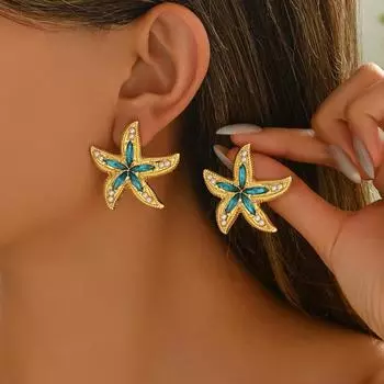 2025 new wind women s earrings personalized starfish inlaid gemstone design ocean wind stud earrings versatile