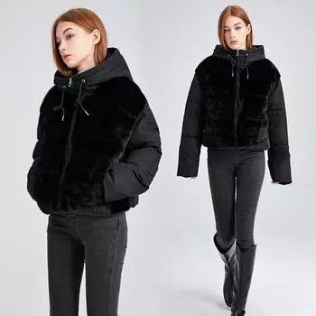 2025 New Winter Hooded Cotton Jacket Cotton Padded Splicing Plush Fashion Versatile Trendy Outerwear M