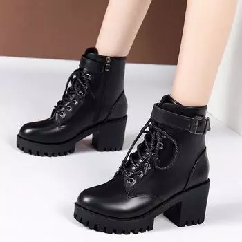 2025 New Winter Women Boots Fashionable Round Toe Thick Heel Boots Women Lace-up Solid Color Glossy Super High Heels Shoes Women 35