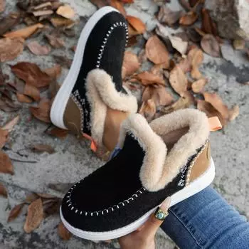 2025 new winter women s cotton shoes large size piled thickened burrs warm flat cotton shoes 36 чёрный