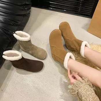2025 New Winter Women s Shoes Slip-on Snow Boots Fashion Turned-over Edge Modern Boots Women Suede Round Toe Mid-Calf Boots 35 хаки
