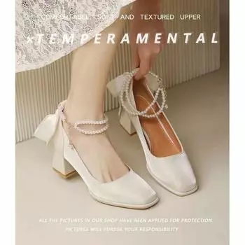 2025 New Women High Heels Silk Mary Jane Shoes Party Wedding Dress Shoe Bowknot Princess Lolita Pumps Square Toe Bridal Heels 34