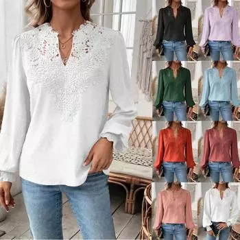 2025 New Women s Autumn Winter V-Neck Lace Panel Long Sleeve Casual Shirt Blouse S белый