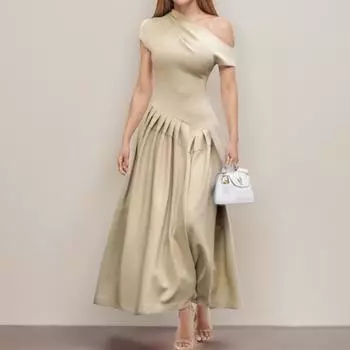 2025 New Women s Clothing Fashion Temperament Slanted Shoulder Pleated Waist Pendulum Dress L зелёный