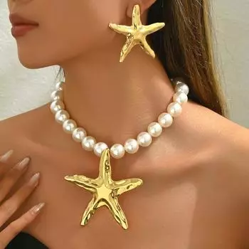 2025 New Women s Earrings Necklace Set Personalized Starfish String Pearl Design Long Clavicle Chain Versatile Earrings