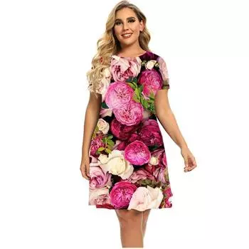 2025 New Women s Flower Pattern 3D Printed Round Neck Short-sleeved Dress S