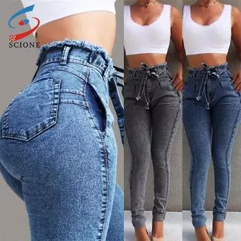 2025 New Women s Jeans Stretch Slim Fit High-Waisted Fashionable Versatile Fringe Belt Denim Pants M темно-синий