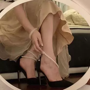 2025 new women s pointed high heels with pearl chain thin heel black suede temperament banquet shoes 34