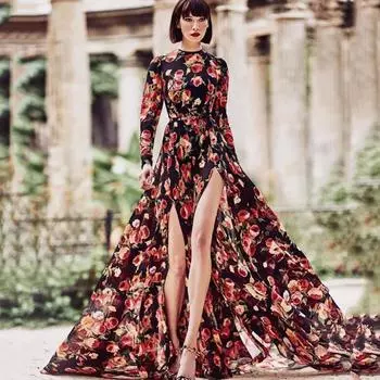 2025 New Women s Printed Pendulum Dress Split Fashion Long Dress Beach Dress S