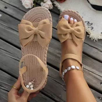 2025 New Women Sandals Summer Lightweight Sandals Fashion Beach Casual Shoes Women Outdoor Bow Tie Flat Shoes Sandalias De Mujer 36