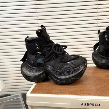 2025 Newest Round Toe Chunky Heel Solid Lace Up Cross Tied Shoes Mid Calf Height Increasing Pumps Fashion Casual Autumn Boots 35