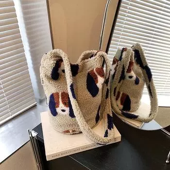 2025 Niche Designer Retro Leopard & Flower Cartoon Plush Messenger Bucket Bag 29*19*29