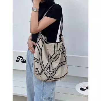 2025 Niche Print Linen Tote Bag High-Grade Large Capacity Bag Casual All-matching Commuter Shoulder Shopping Bag Pony Totem