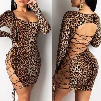 2025 НОВАЯ мода для женщин с леопардовым принтом, открытая спина, облегающее клубное платье на шнуровке S леопардовый